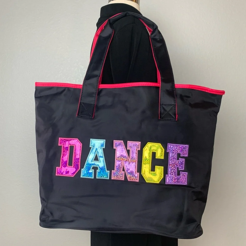 Girls Youth Black Dance Ballet Tote Bag Lined Multicolored Dance Print NWT